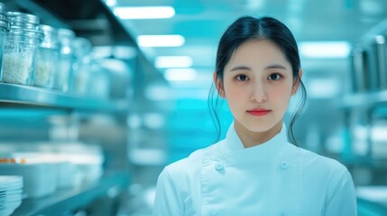 Fototapeta premium Confident Korean female chef wearing a white uniform and apron