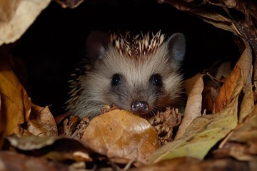 Hedgehog hiding in dry leaves in its natural habitat