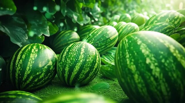 Lush watermelon patch under sunlight with vibrant green foliage