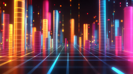 A vibrant digital landscape with glowing, colorful columns rising from a grid, evoking a futuristic and energetic atmosphere.