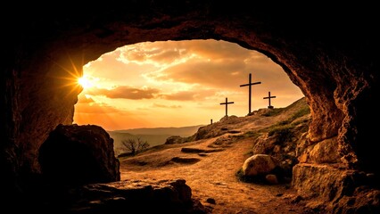 Three Crosses on a Hill at Sunrise Viewed from a Cave: Symbol of Faith, Hope, and Resurrection