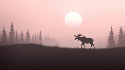 Fototapeta premium moose walking through foggy landscape at sunset, creating serene atmosphere