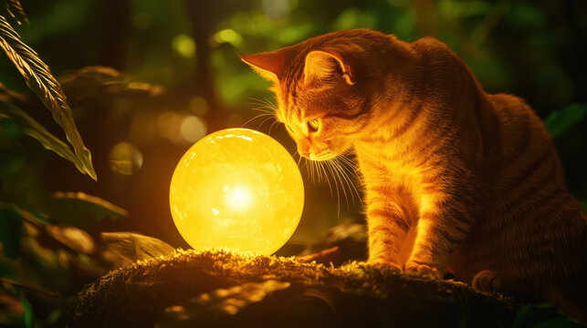 mystical feline gazes intently at glowing crystal ball in lush forest