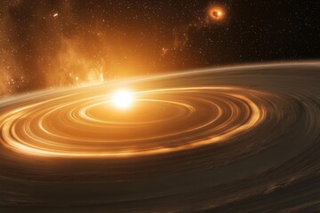 deep space vista featuring massive gas giant with glowing rings orbiting distant binary stars