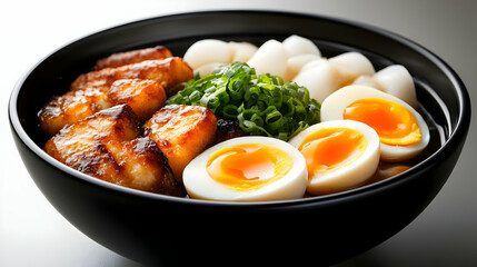 A delicious bowl of ramen featuring grilled fish, soft-boiled eggs, and fresh green onions, perfect for culinary lovers.