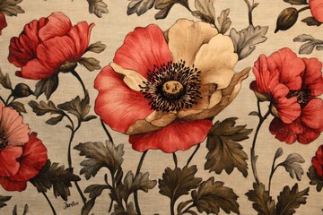 Red and Beige Poppies on Linen