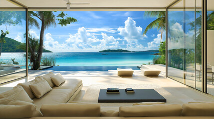Fototapeta premium Tranquil Modern Living Room with Ocean View and Luxury Coastal Decor