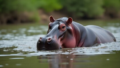 Fototapeta premium world wildlife day a hippopotamus swims in a river, showcasing the beauty and diversity of wildlife