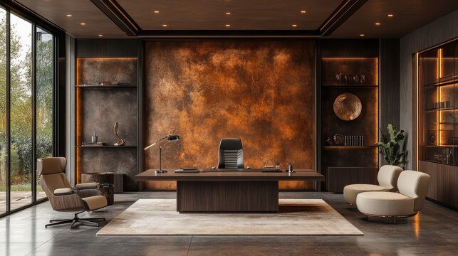 A stylish office in copper tones with copper-colored walls, dark wood furniture, beige seating, warm lighting, and sleek decor for a bold yet functional design 