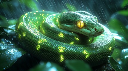 Green snake coiled, rain, jungle, glowing, night, fantasy, reptile, artwork, digital art, game asset
