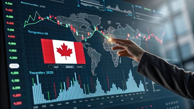 Analyzing Canadian Financial Market Data on Interactive Screen Global Investment Trade and Economic Trends