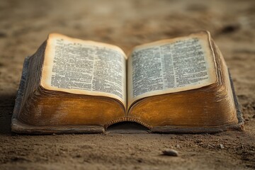Obraz premium Open antique book lying on dusty ground showing text