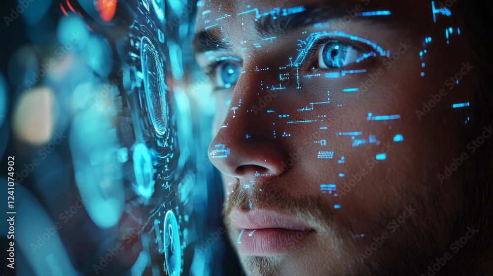 Poster Intrigued by the advancements in technology, a young man gazes intently as digital data streams across his face, illuminating his features in a high-tech environment