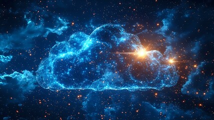 Fototapeta premium Cosmic nebula with glowing blue clouds and bright orange stellar explosion in deep space, surrounded by twinkling stars against dark universe background.