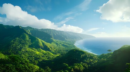 Obraz premium Dramatic aerial view of lush green coastal mountains meeting turquoise ocean waters under bright sunlit sky with white clouds, showcasing pristine wilderness landscape.
