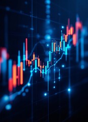 Stock market trading chart with glowing candlesticks on dark blue background. Financial data visualization with red and blue price indicators. Business analytics display for investment