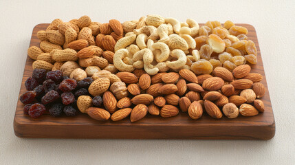 variety of nuts and dried fruits beautifully arranged on wooden board