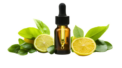 Refreshing Lemon Essential Oil with Dropper Bottle Surrounded by Green Leaves for Natural Wellness and Skincare