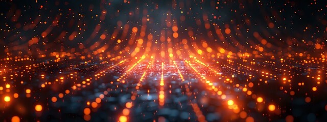 Obraz premium Abstract orange glowing particles with light rays in dark space, dynamic motion of bright dots forming futuristic tunnel perspective background.
