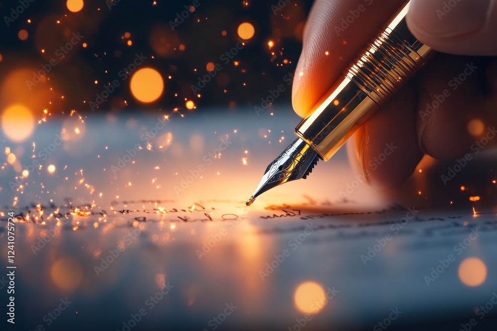 Poster a hyper-realistic close-up of a person hand signing a mortgage document with a golden pen, with fine
