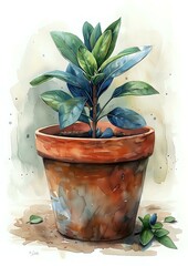Watercolor style potted plant with green and blue leaves in terracotta clay pot against light background, artistic botanical illustration for home decor and prints.