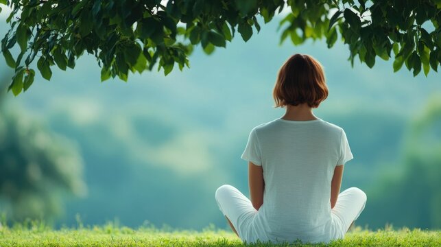 Young woman sitting under a lush tree taking a moment to savor the tranquility and contentment of her surroundings in this serene eco friendly garden setting