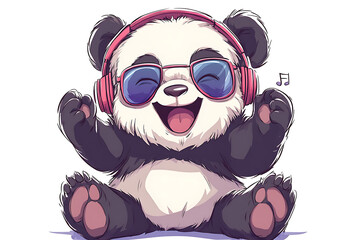 Fototapeta premium panda wearing headphones on a white background, music dj panda with sunglasses and headphones, panda wearing Headphones and sunglasses, 3d illustration, 3d rendering