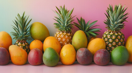 vibrant collection of tropical fruits including mangoes and pineapples