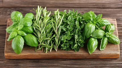 Fresh green herbs including basil, rosemary, and oregano on wooden board