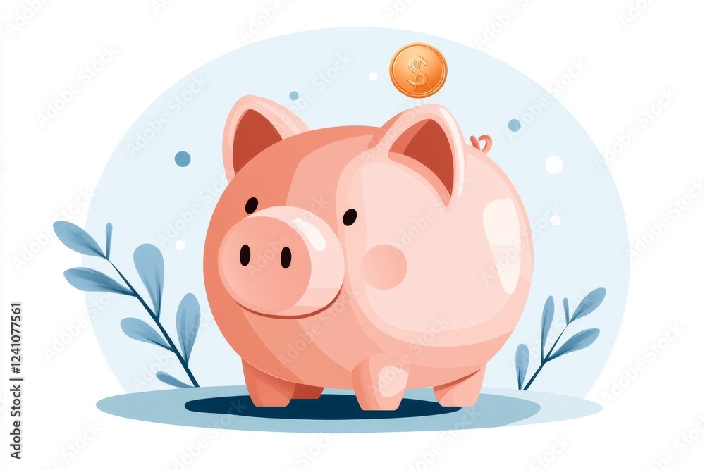 Poster a minimalist illustration of a piggy bank with a single coin dropping in, symbolizing savings and mo