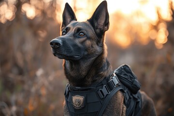 Belgian malinois military working dog wearing tactical vest and harness