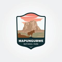 mapungubwe national park logo design, Mapungubwe Transfrontier Park badge depicts hartebeest large rock sunset.