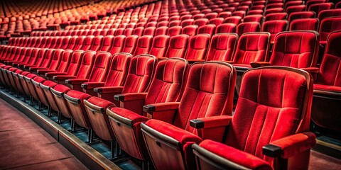 Fototapeta premium Empty Red Theater Seats - Dramatic Stage Lighting Documentary Photography