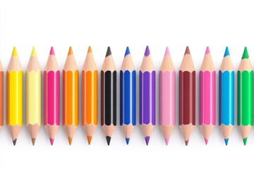 A vibrant array of colored pencils arranged in a straight line, showcasing a variety of hues on a clean background.