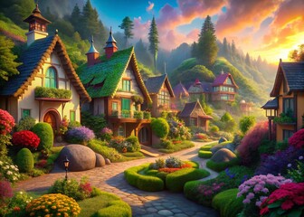 Fototapeta premium Enchanting Fantasy Village: Whimsical Houses, Lush Greenery, Magical Atmosphere