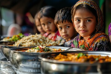 A mother rationing food for her children, serving them tiny portions while she eats nothing