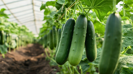 Organic Cucumbers Growing in Greenhouse for Sustainable Agriculture and Healthy Eating