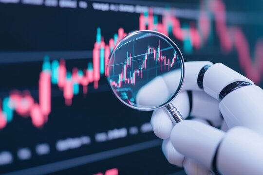 A robotic hand holds a magnifying glass over a stock market chart, showcasing rising and falling trends in vibrant colors.