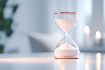 A sleek, modern hourglass filled with white sand, resting on a table, creating a serene atmosphere with soft lighting and a blurred background.