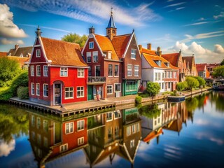 Fototapeta premium Enkhuizen, Netherlands: Charming Red Brick Houses, Dutch Architecture, Canal-side Buildings