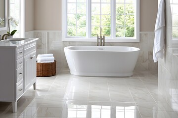 A stunning modern bathroom featuring a freestanding bathtub, sleek design, and abundant natural light. Experience elegance and tranquility in your home.