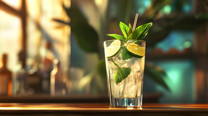 A refreshing Mojito cocktail with fresh mint leaves and lime slices, served in a tall glass, placed on a wooden bar counter, with a backdrop of tropical beach.