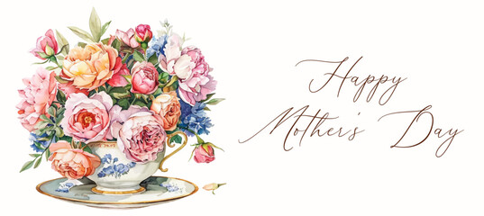Happy Mother's Day vintage watercolor banner. Vintage bouquet of flowers in a ceramic cup with a gold handle and rim. Vector illustration for Mother's Day. © Narin