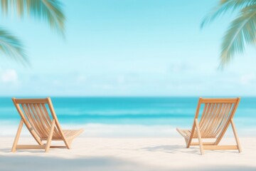 A serene beach scene featuring two wooden lounge chairs facing the calm ocean under a clear blue sky, framed by palm trees.