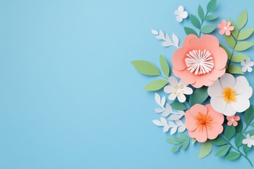 Fototapeta premium A vibrant arrangement of handcrafted, colorful paper flowers on a pastel blue background, showcasing intricate designs and natural foliage.