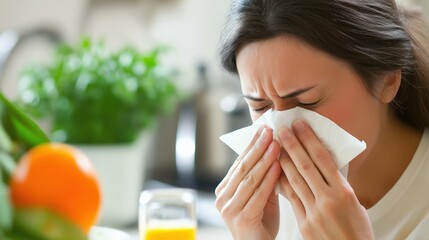 Sick Woman Blowing Her Nose with a Tissue