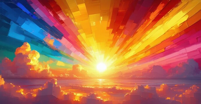 A vibrant sunset painting the sky with streaks of birthday-colored hues, creating a warm and festive atmosphere filled with soft light and dynamic color transitions