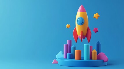 Obraz premium 3D icon of a rocket and bar graph with an upward