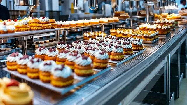 Freshly baked desserts on display in a modern bakery