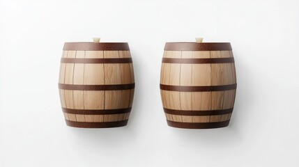 Two Small Brown Wooden Barrels on White Background